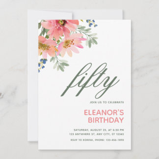Pink Watercolor Blume 50. Geburtstagsfeier Einladu Einladung
