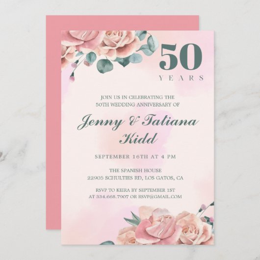 Pink Watercolor Blume 50 Jahre Hochzeit Einladung (Vorne/Hinten)