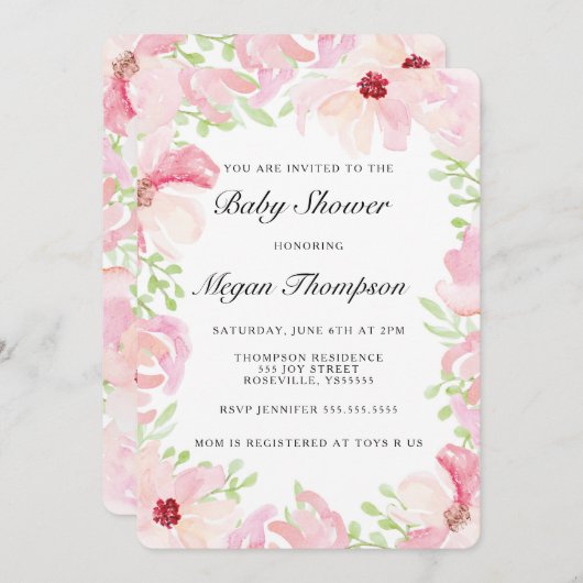 Pink Watercolor Blume Kinderdusche Einladung (Vorne/Hinten)