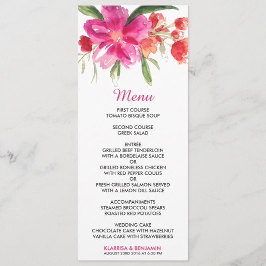 Pink Watercolor Blume Posy Wedding Menu Card Menükarte (Vorderseite)