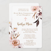 Pink Watercolor Blume Tochter Erste Kommune Einladung (Vorne/Hinten)