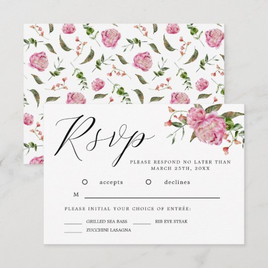 Pink Watercolor Blume Wedding RSVP Card Karte (Vorne/Hinten)