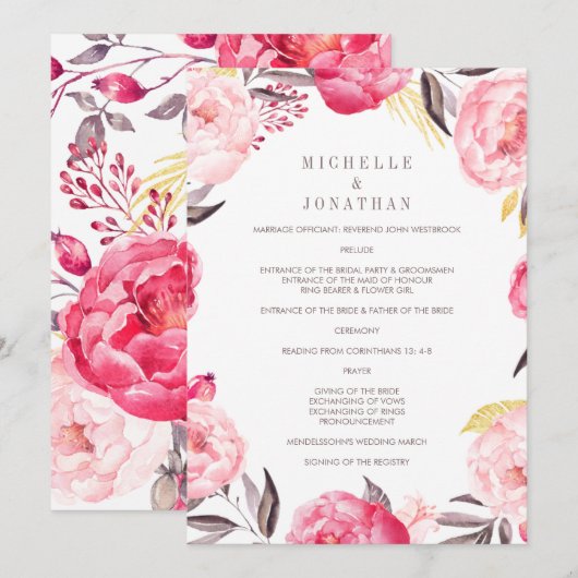 Pink Watercolor Blume Wreath Wedding Program Programm (Vorne/Hinten)
