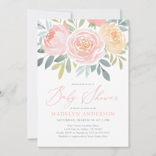 Pink Watercolor Blumenfrühlingsdusche Einladung (Vorderseite)