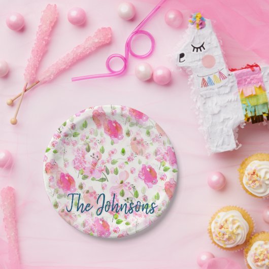 Pink Watercolor Blumengarten Muster Pappteller (Party)