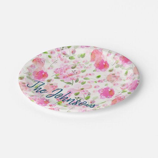 Pink Watercolor Blumengarten Muster Pappteller (Schrägansicht)