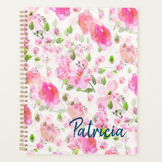 Pink Watercolor Blumengarten Muster Planer (Vorderseite)