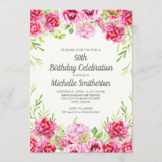 Pink Watercolor Blumengrün 50. Geburtstag Einladung