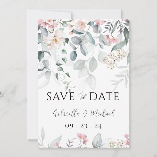 Pink Watercolor Blumengrün Hochzeit Save The Date (Vorderseite)