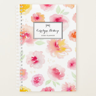 Pink Watercolor Blumenmuster Personalisiert Planer