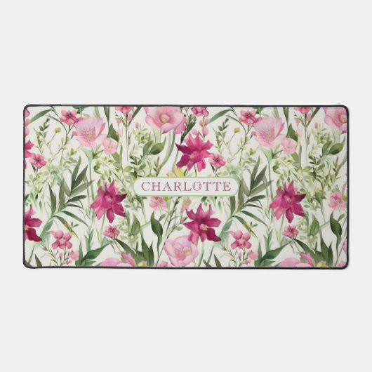 Pink Watercolor Blumenmuster Personalisierter Name Schreibtischunterlage (Vorderseite)