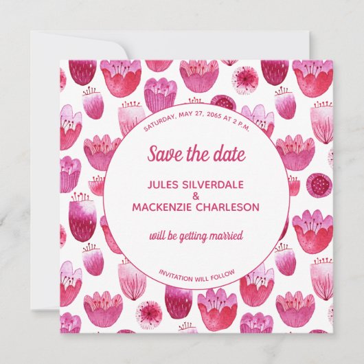 Pink Watercolor Blumenmuster Save the Date Einladung (Vorderseite)