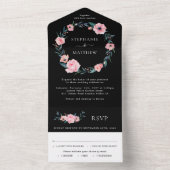 Pink Watercolor Blumenreath Wedding Black All In One Einladung (Innen Boden)