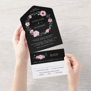 Pink Watercolor Blumenreath Wedding Black All In One Einladung