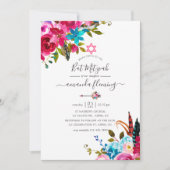 Pink Watercolor Boho Chic Floral Bat Mitzvah Einladung (Vorderseite)
