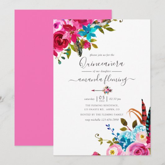 Pink Watercolor Boho Chic Floral Quinceañera Einladung (Vorne/Hinten)