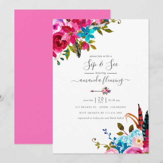 Pink Watercolor Boho Chic Floral Quinceañera Einladung (Vorne/Hinten)