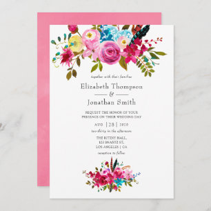 Pink Watercolor Boho Chic Floral Wedding Einladung