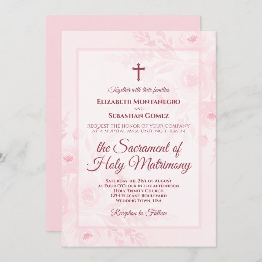Pink Watercolor Boho Chic Peonies Catholic Wedding Einladung (Vorne/Hinten)