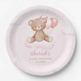 Pink Watercolor Boho Teddy Bear Girl Babydusche Pappteller