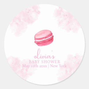Pink Watercolor Bonjour Bébé Macaron Babydusche Runder Aufkleber