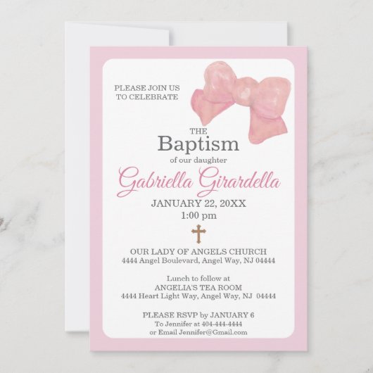 Pink Watercolor Bow & Cross Baptism Invitation Einladung (Vorderseite)