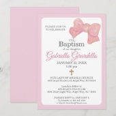 Pink Watercolor Bow & Cross Baptism Invitation Einladung (Vorne/Hinten)