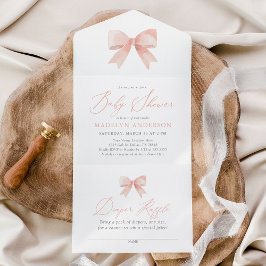 Pink Watercolor Bow Girl Babydusche All In One Einladung