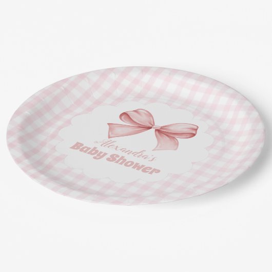 Pink Watercolor Bow Girl Babydusche Pappteller (Schrägansicht)