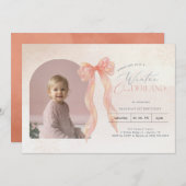 Pink Watercolor Bow Winter Onederland Arch Photo Einladung (Vorne/Hinten)