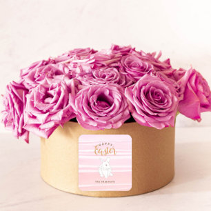 Pink Watercolor Bunny Happy Oaster Geschenksticker Quadratischer Aufkleber