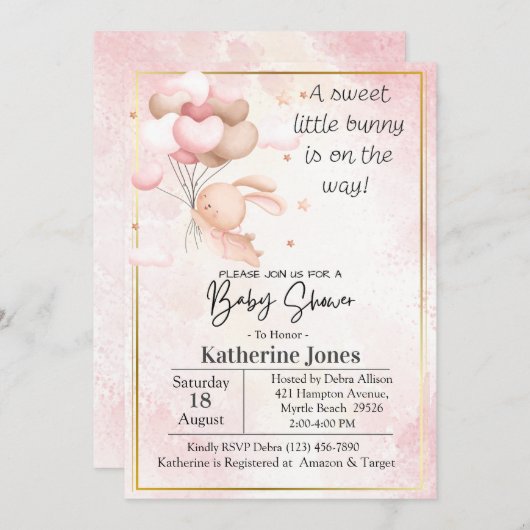 Pink Watercolor Bunny Rabbit Ballons Babydusche Einladung (Vorne/Hinten)