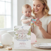 Pink Watercolor Carousel 1st Birthday Announcement Einladung