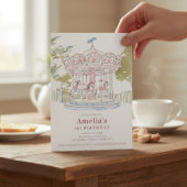Pink Watercolor Carousel 1st Birthday Announcement Einladung