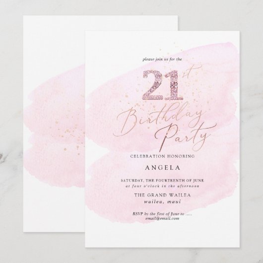 Pink Watercolor Champagnerbläschen 21. JAHRE Einladung (Vorne/Hinten)