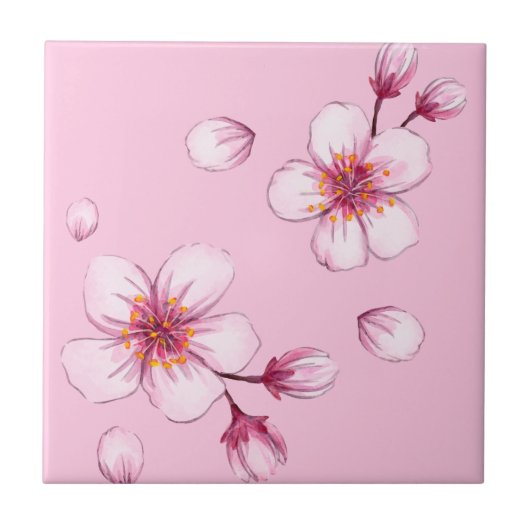 Pink Watercolor Cherry Blossom Muster Fliese (Vorderseite)