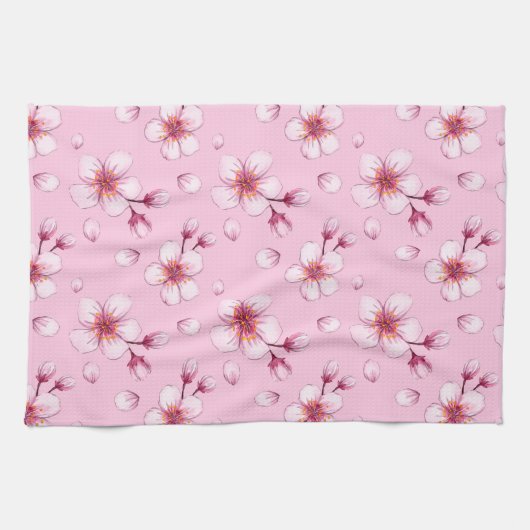 Pink Watercolor Cherry Blossom Muster Geschirrtuch (Horizontal)