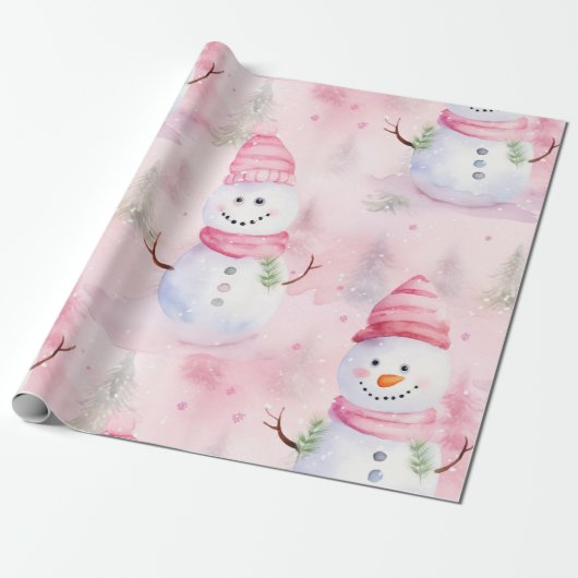 Pink Watercolor Christmas Snowman Geschenkpapier (Ungerollt)