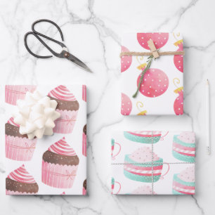 Pink Watercolor Cupcake Weihnachtswrapper Geschenkpapier Set
