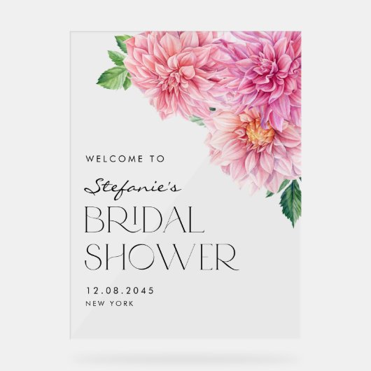 Pink Watercolor Dahlia Brautparty Willkommen Acrylschild (Vorderseite)