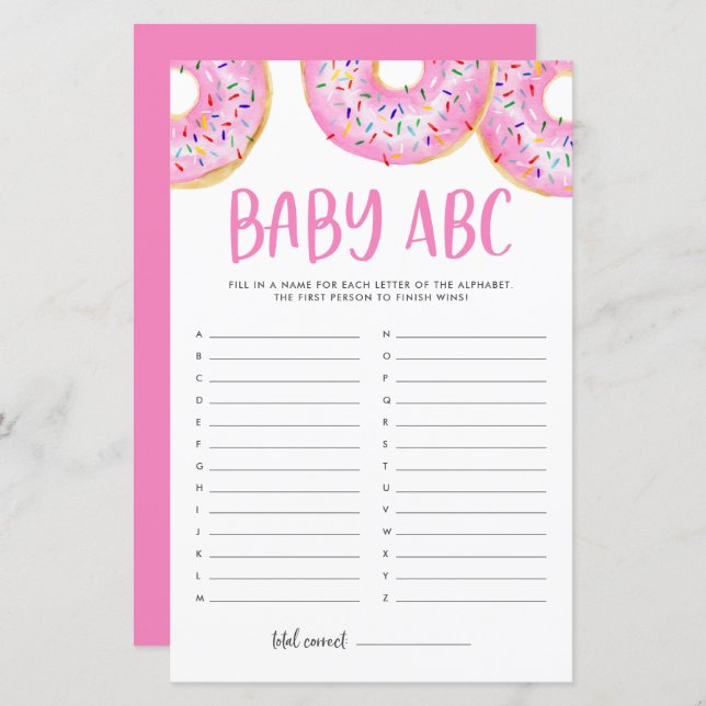 Pink Watercolor Donuts Baby ABC Baby Showgame (Vorne/Hinten)