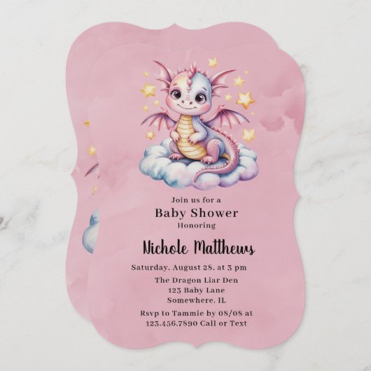 Pink Watercolor Dragon Girl Babydusche Einladung (Vorne/Hinten)
