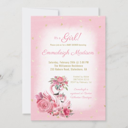 Pink Watercolor Flamingo Ballerina Babydusche Einladung (Vorderseite)