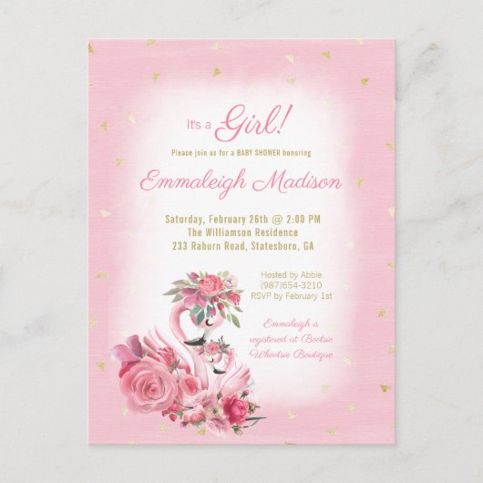 Pink Watercolor Flamingo Ballerina Babydusche Einladungspostkarte (Vorderseite)