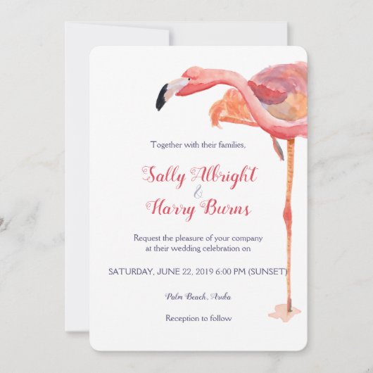 Pink Watercolor Flamingo Beach Hochzeit Einladung (Vorderseite)