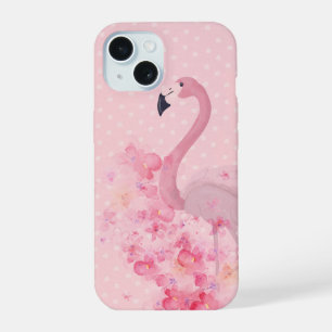 Pink Watercolor Flamingo Floral und Punkte iPhone 15 Hülle