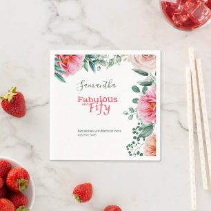 Pink Watercolor Floral 50. Geburtstagsparty Serviette