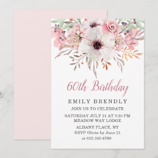 Pink Watercolor Floral 60. Geburtstagsparty Einlad Einladung
