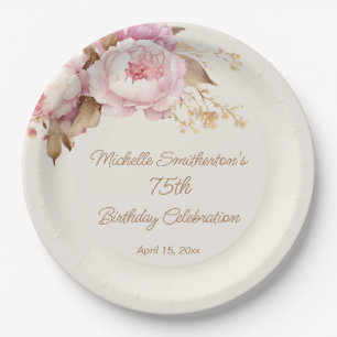 Pink Watercolor Floral 75. Geburtstag  Pappteller