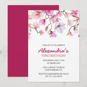 Pink Watercolor Floral 92. Geburtstag Einladung